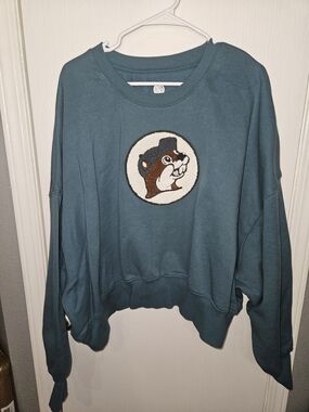 Blue-Green Crewneck Sweatshirt with Embroidered Mascot